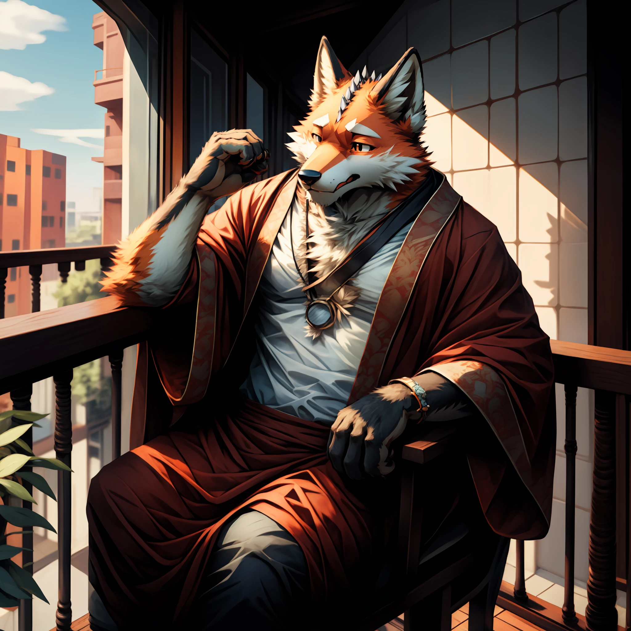 tmasterpiece，Raised sexy，The best quality，ultra - detailed，+hairy pubic，Anthropomorphic fox male，Fox in black，There are a little red details on the ears and paws，Scales and orange-white fur，Handsome，molasses，Tired，perspired，komono，Balcony setting。