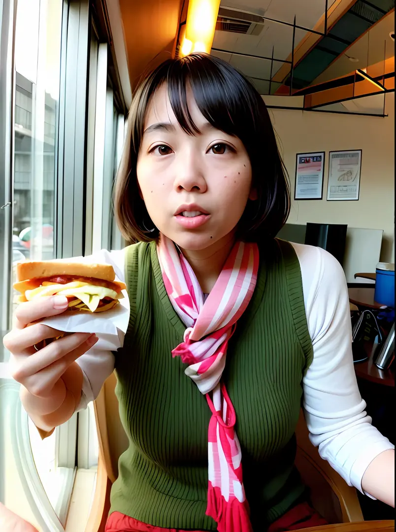 woman in alafe sitting at table with sandwich in hand, kimi takemura, chiho, sana takeda, けもの, na kawahara々favor, yasumoto oka, ...