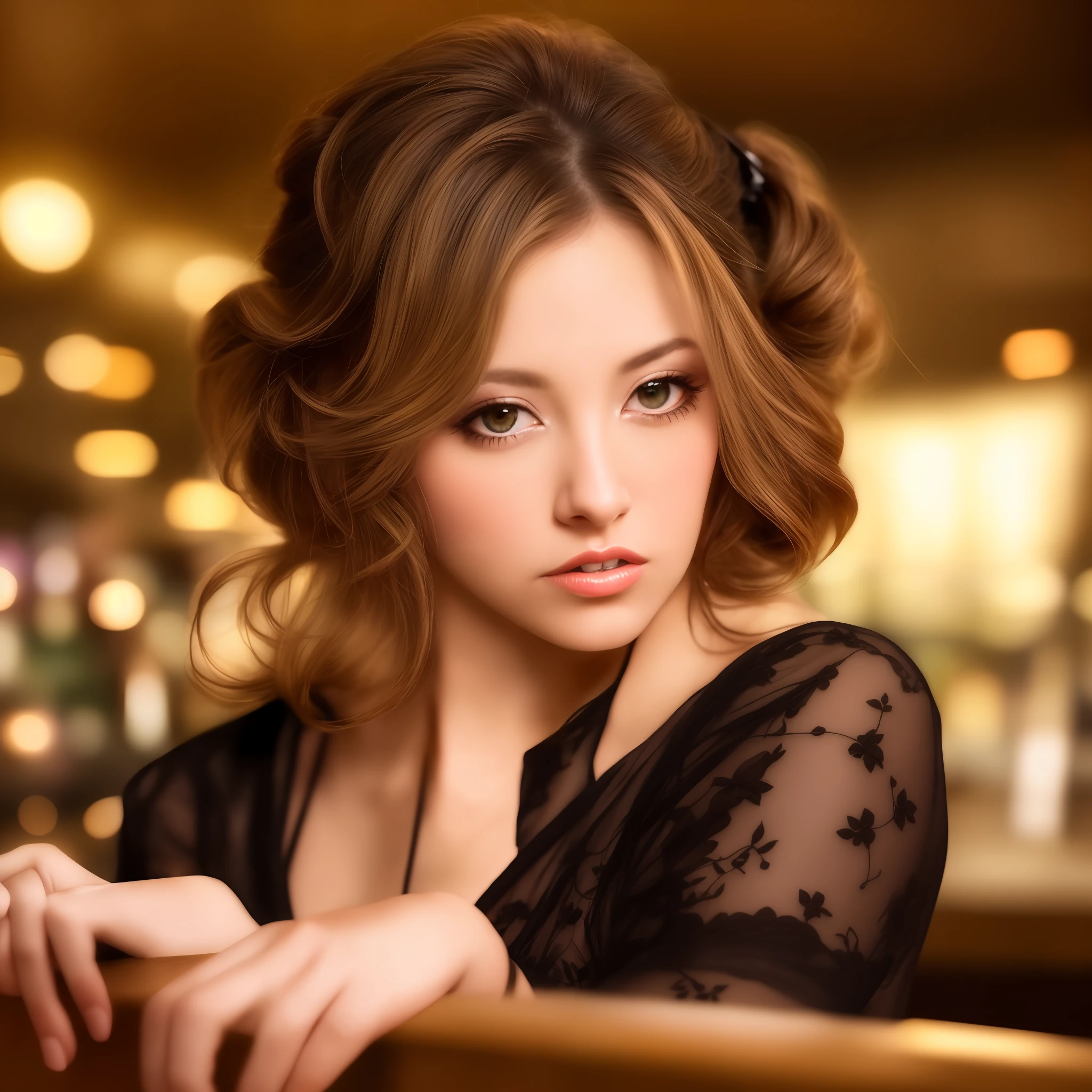 Portrait photo de Jenna, une belle femme avec les cheveux relevés en chignon, dans une boîte de nuit, assise au bar (chef-d&#39;œuvre) (Meilleure qualité) (détaillé) (8k) (HDR) (fond d&#39;écran) (Éclairage cinématographique) (netteté) (complexe)