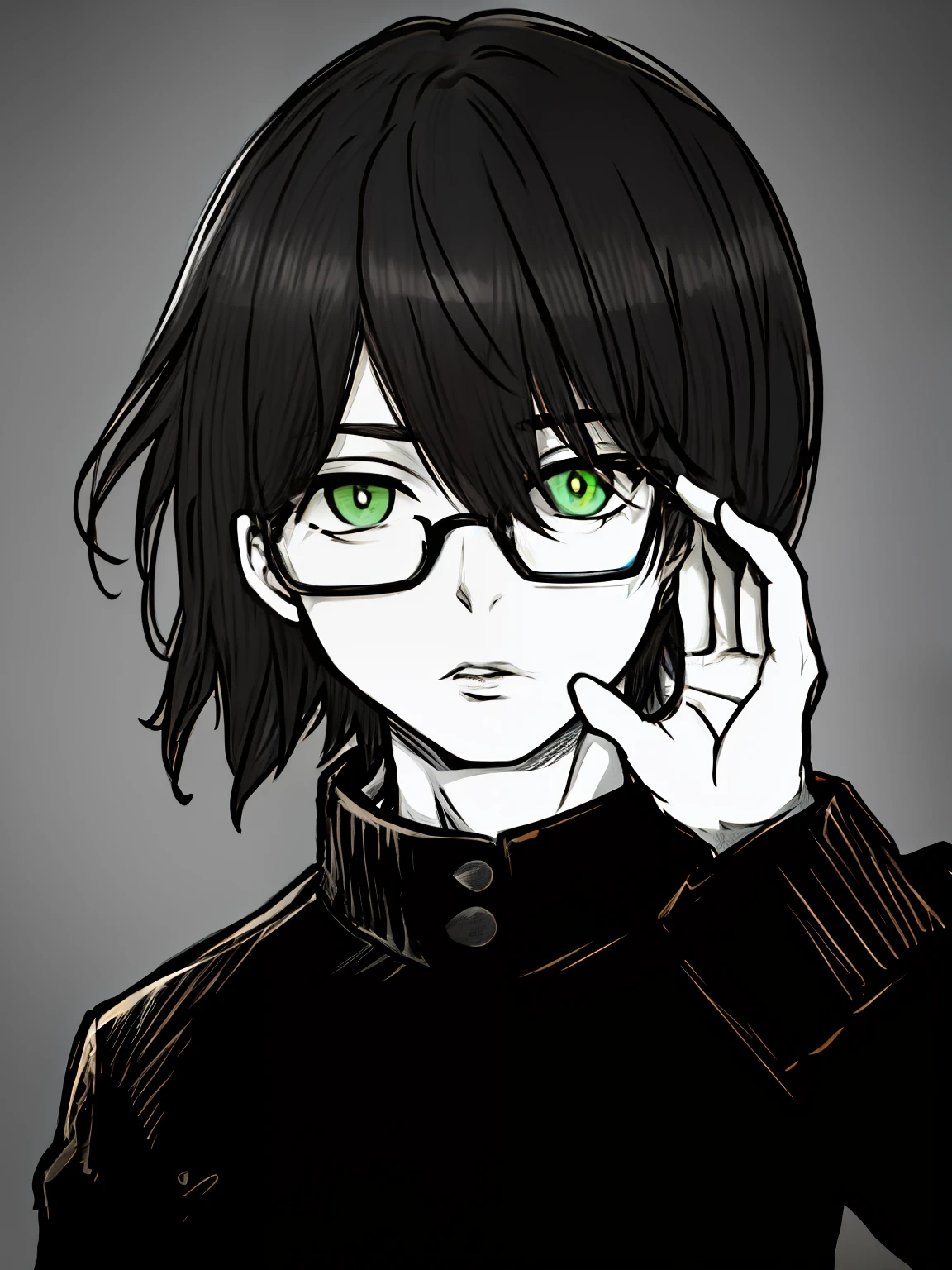 1boy ，malefocus，Solo，Green eyes，gakuran，Black color hair，eye glass，校服，Upper body，simplebackground，parted lip，hair between eye，looking at viewert，short detailed hair，adjusting eyewear，longer sleeves，black-frame glasses，By bangs，black black jacket，jaket，greybackground，Raise Hand