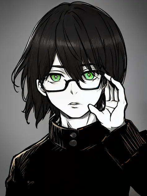 1boy ，malefocus，Solo，Green eyes，gakuran，Black color hair，eye glass，校服，Upper body，simplebackground，parted lip，hair between eye，lo...