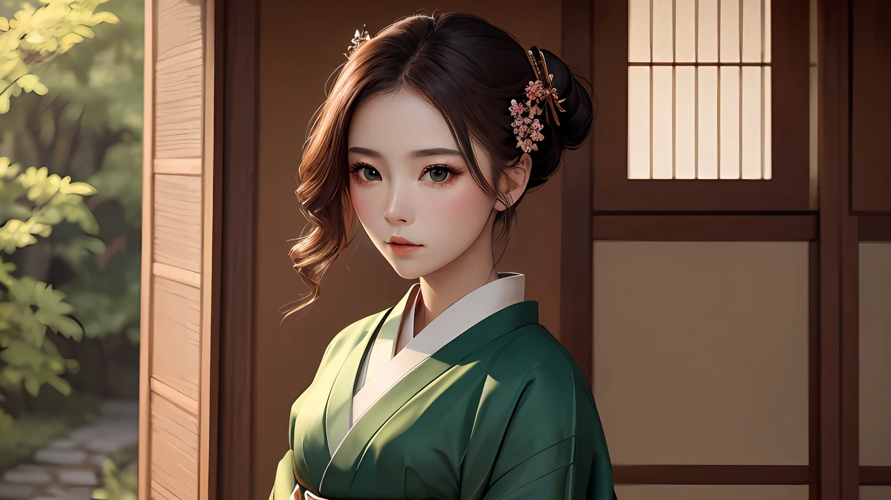 (masterpiece), best quality, beautiful detailed hair detailed face, 1 girl, solo, full-body portrait, dutch shot, perfect feminine face, very stunning woman, traditional hakama samurai kimono, chesnut brown hair, shoulder length hair, green eyes