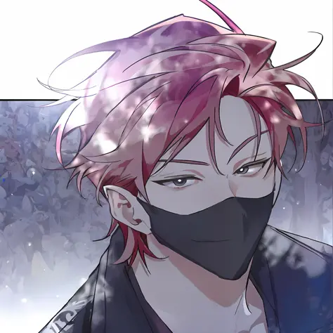 anime image of a man with pink hair wearing a black mask, handsome guy in demon killer art, in an anime style, wearing an all-bl...