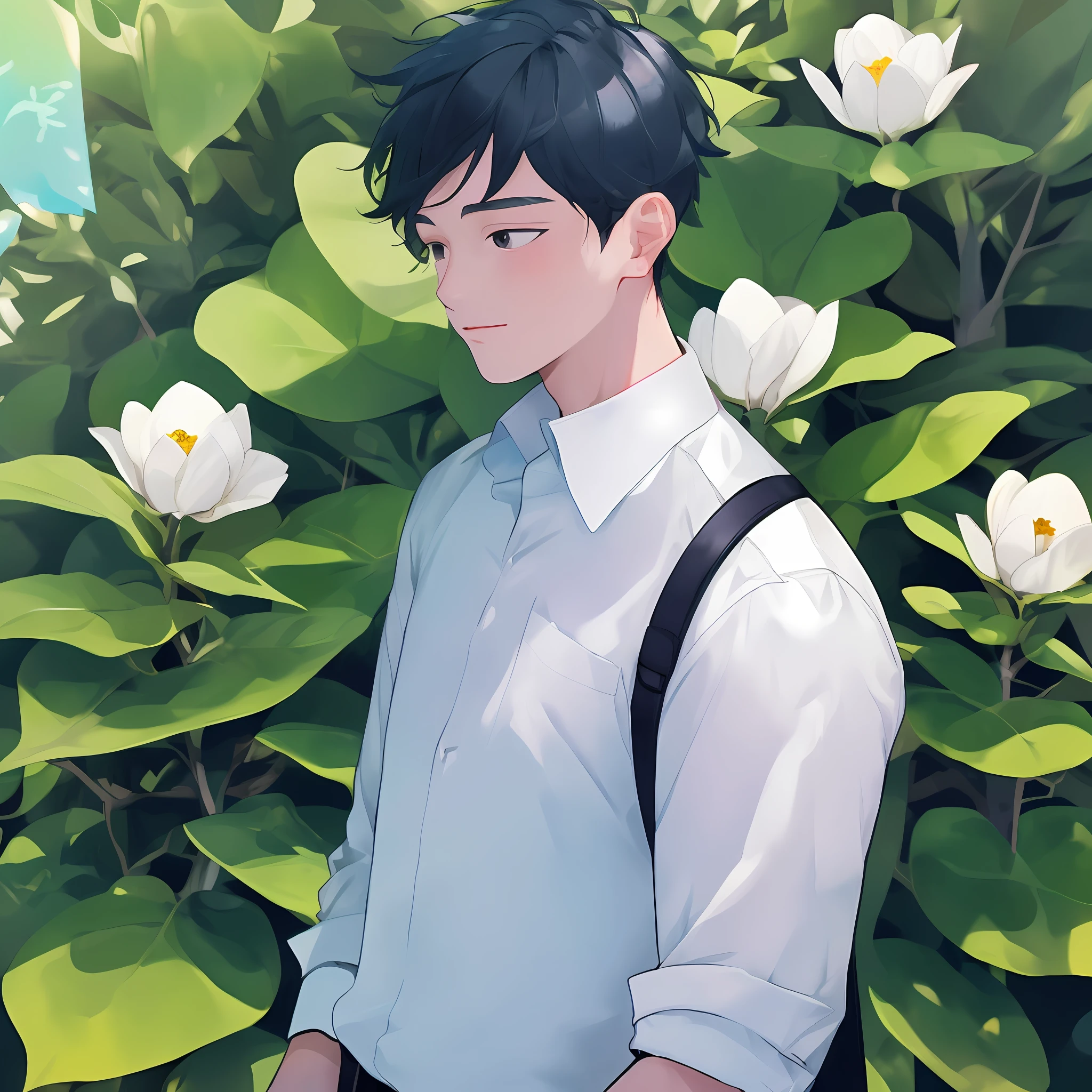 1boys，exteriors，夏天，Magnolia flowers，rays of sunshine，One was wearing a white shirt，in a white shirt，A white shirt is worn over his shoulders，There is a white shirt on the shoulder，Man with a white shirt on his shoulder，（comic drawing：0.283）（male_focus：0.970），（1boys：0.958），（独奏：0.883），（black_eyes：0.847），（short_hair：0.762），（white  shirt：0.705），（the face：0.692），（a plant：0.656）