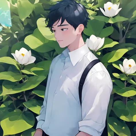 1boys，exteriors，夏天，magnolia flowers，rays of sunshine，one was wearing a white shirt，in a white shirt，a white shirt is worn over h...