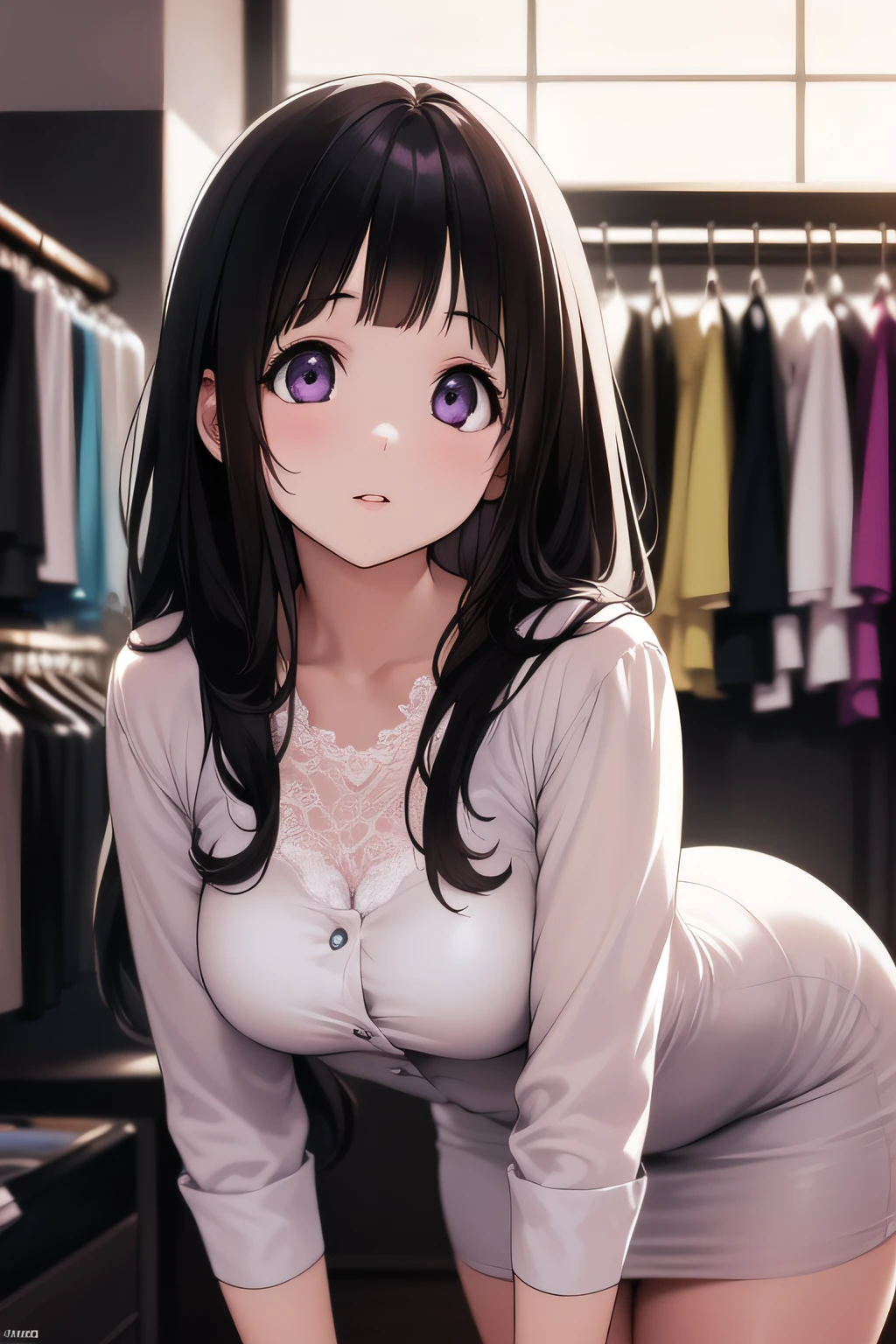 (A superb exquisite Chitanda Eru), purple eyes, black hair, natural straight hair, straight bangs, solo, ((in a cloth shop)), shopping, extremely delicate, straight facial features, peerless beautiful girl, soft, (sensual face), dreamy quality, exaggerated facial features, solid color, frank holly, delicate face, bright lips, slender waist, soft curves, real light and shadow, super fine, 4k, natural moving, Ultra high resolution, (masterpiece:1.2, best quality), (finely detailed beautiful eyes: 1.2), (beautiful detailed face)