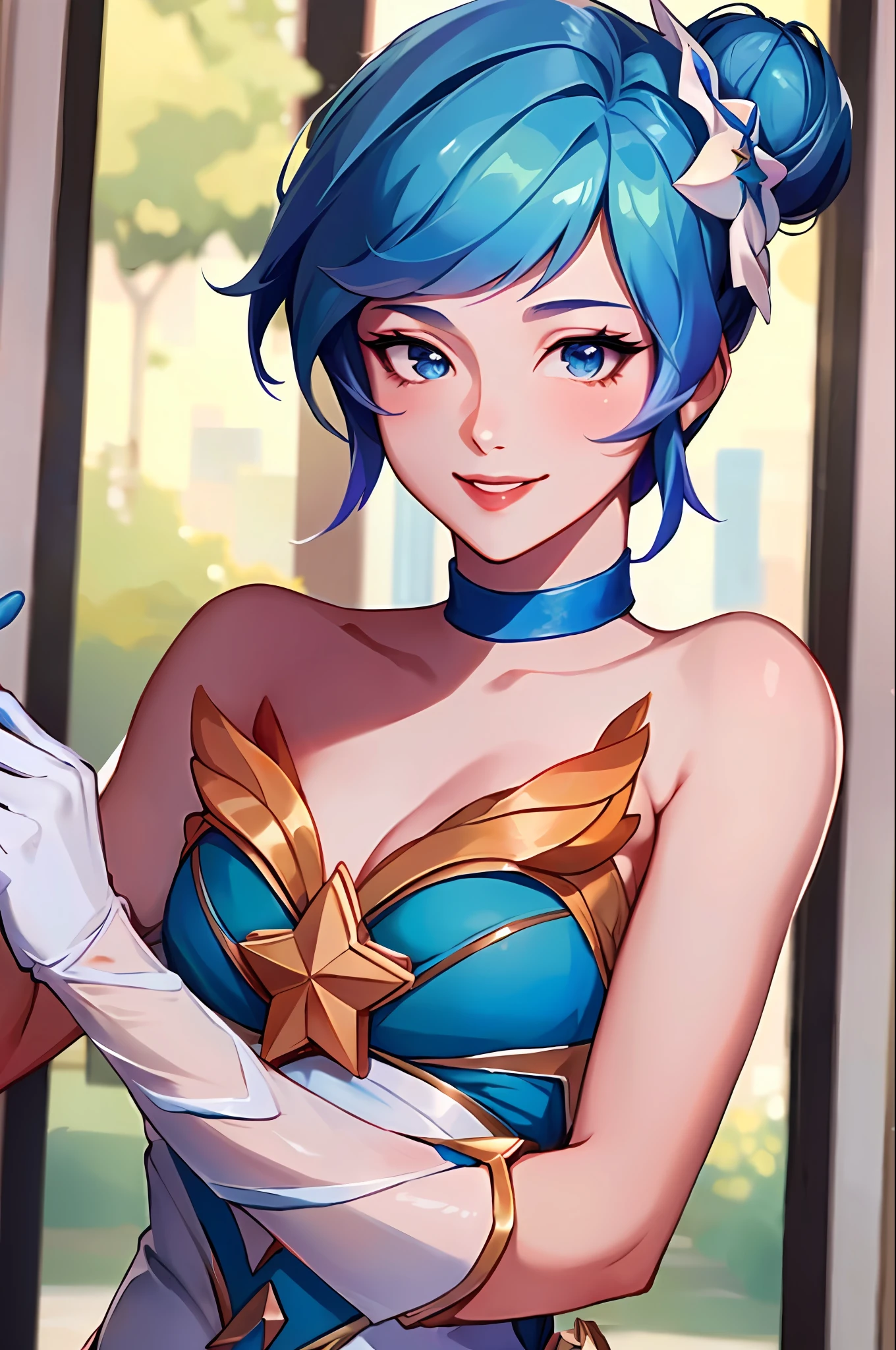 (obra maestra:1.4), (mejor calidad:1.2), star guardian orianna, pelo azul, Moño, bailarina, vestido corto, guantes blancos, sonrisa, Parte superior del cuerpo, retrato