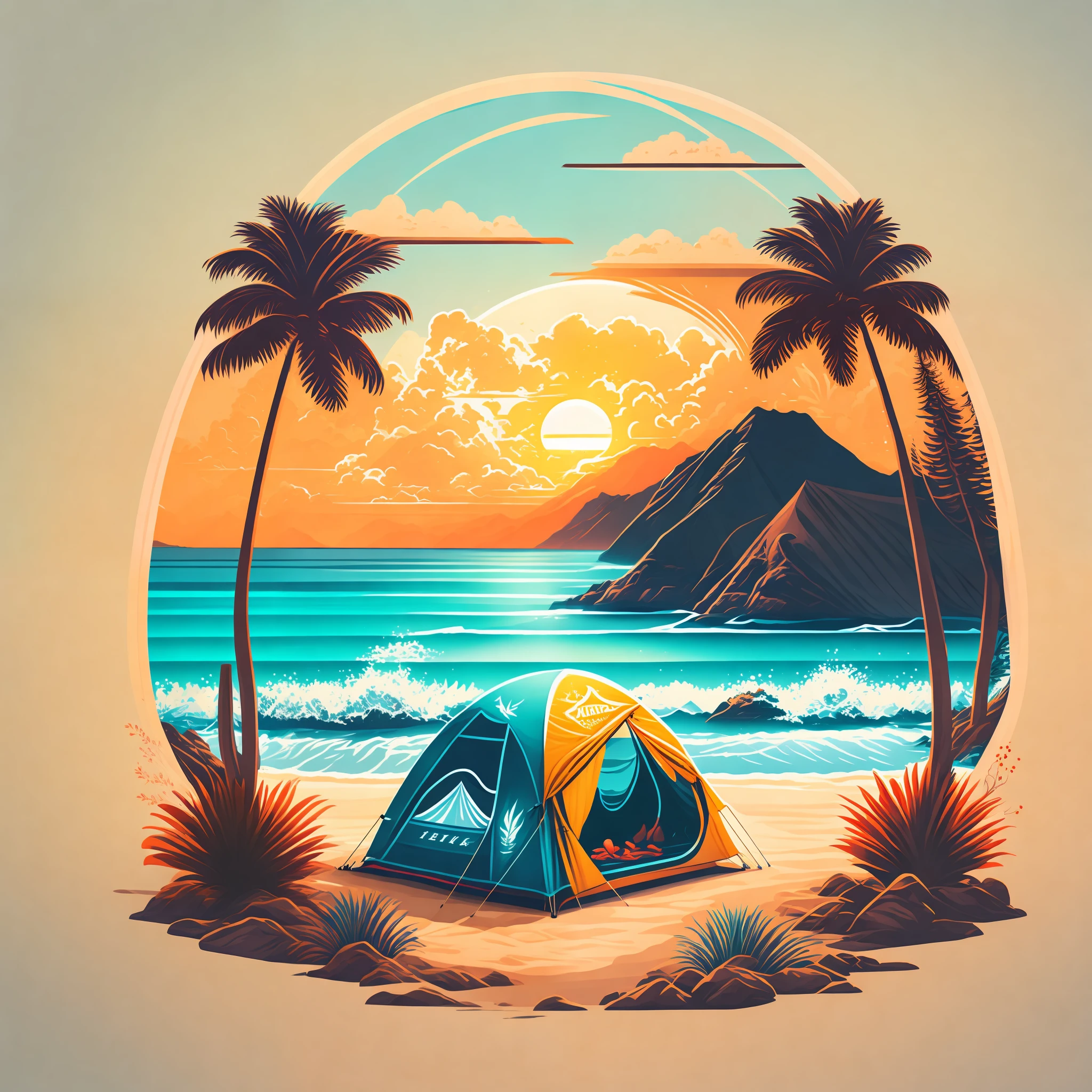 Uma barraca de camping em uma praia em uma paisagem de verão, Design de camiseta, meio da jornada, arte vetorial, Hidro74