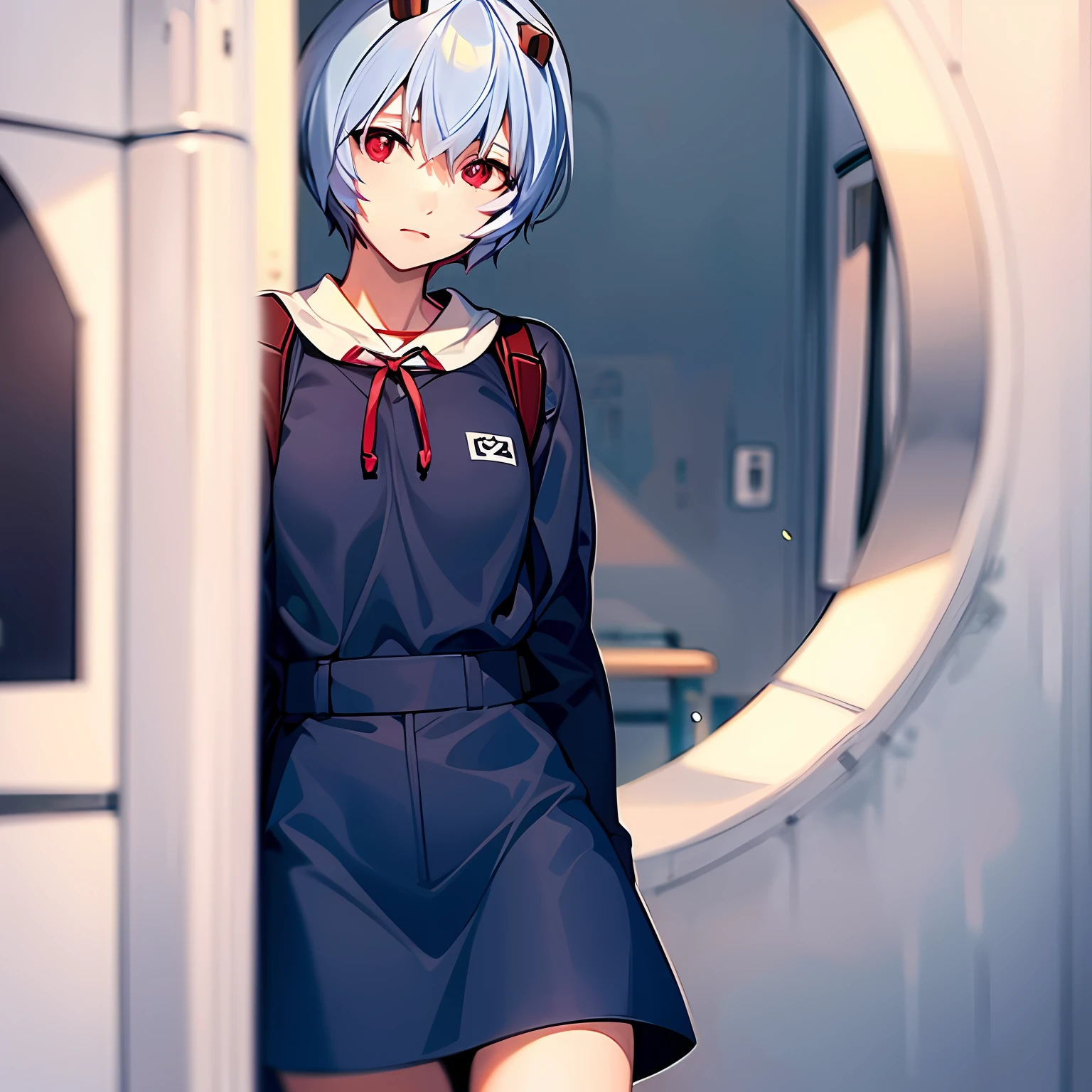 Anime girl in a blue dress standing in front of a mirror - SeaArt AI