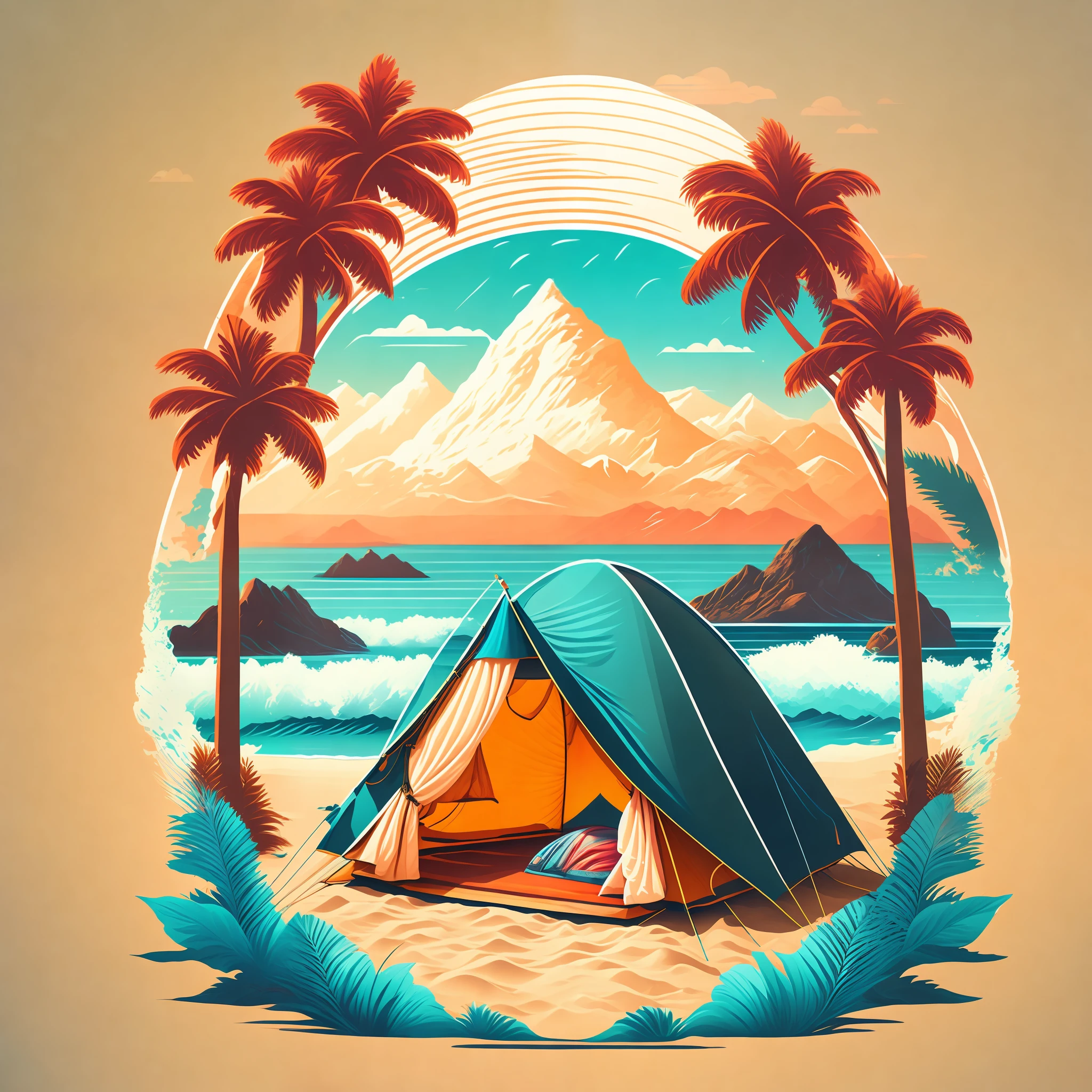 Uma barraca de camping em uma praia em uma paisagem de verão, Design de camiseta, meio da jornada, arte vetorial, Hidro74