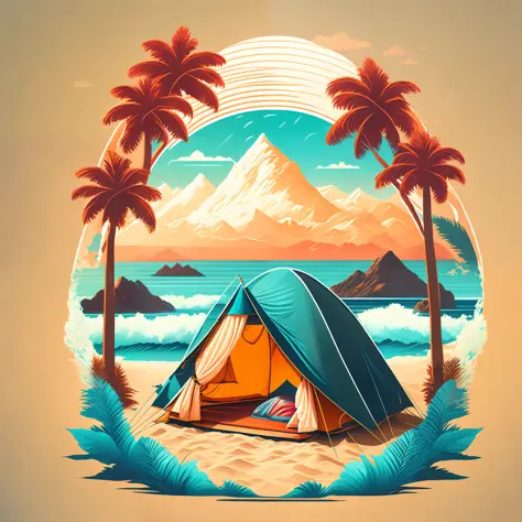 A camping tent in a beach in a summer landscape, T-shirt design, Midjourney, Vector Art, Hydro74