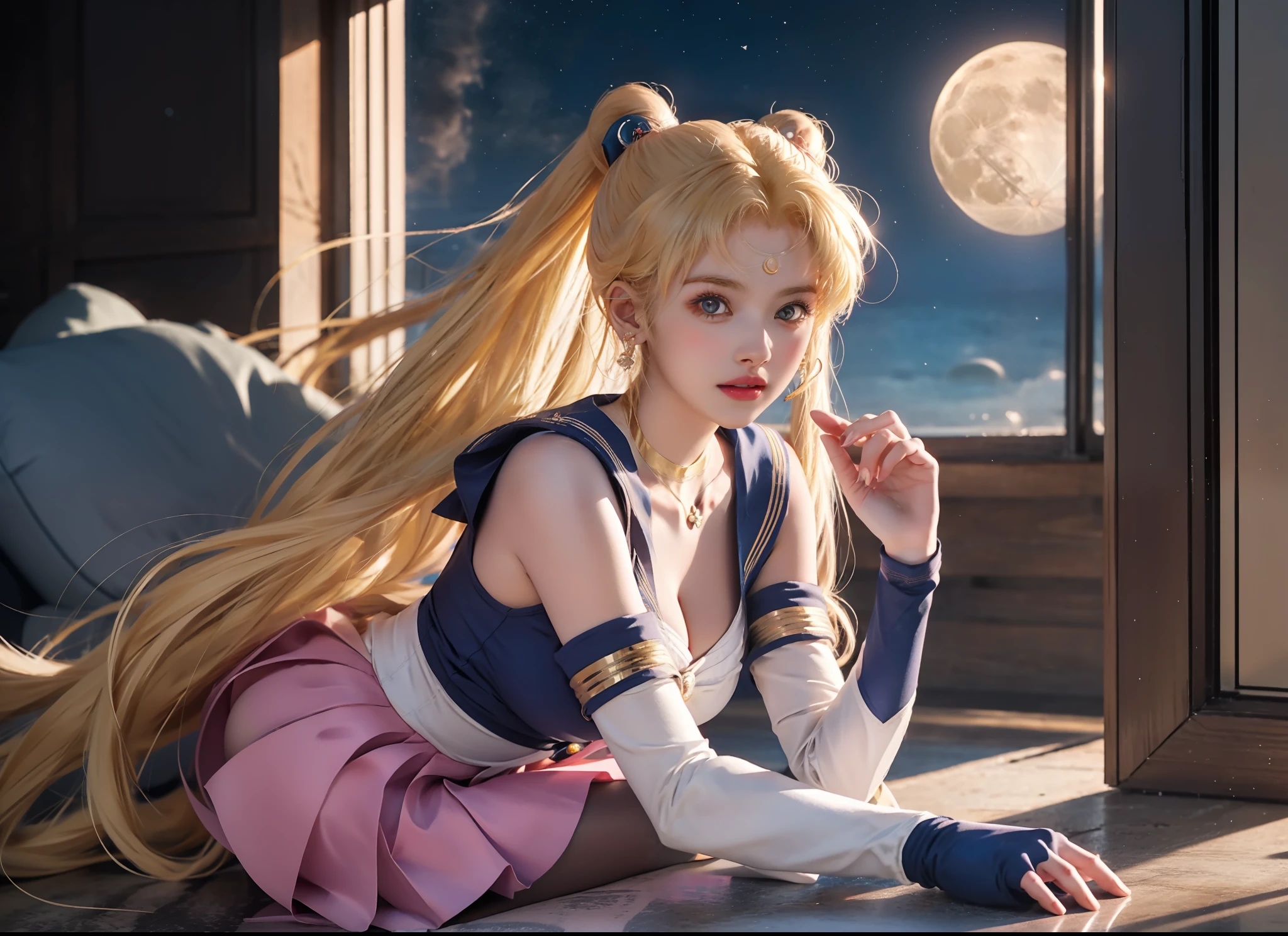 sailor moon is a sailor girl with long blonde hair and a pink skirt, sailor moon!!!!!!!!, sailor moon aesthetic, sailor moon style, inspired by Sailor Moon, the sailor moon. beautiful, by Sailor Moon, also known as artemis the selene, also known as artemis or selene, an retro anime image, goddess of the moon, inspired by Naoko Takeuchi, big boobs, gigantic , busty, cleavage, show cleavage, skimpy dress, skimpy sailor dress, UHD