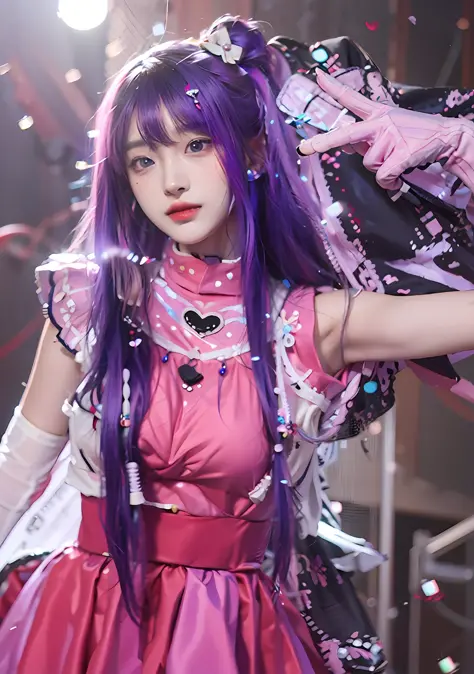 Photorealsitic, hight resolution, 1 rapariga, Korea person,  Purple hair color、Pink mesh hair、Pink gloves、holding the mic