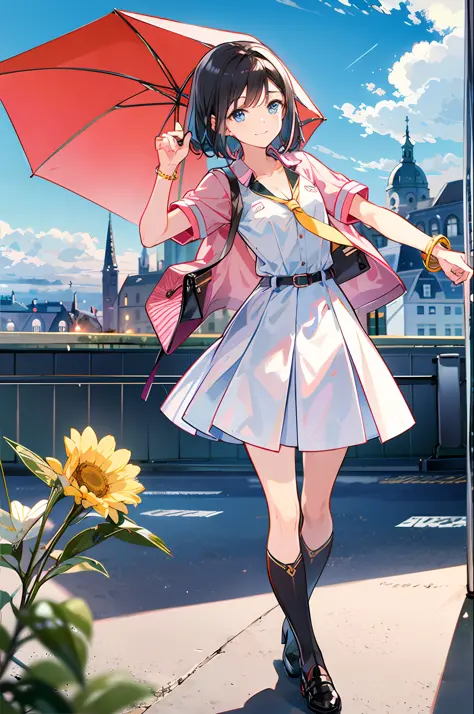 ，（tmasterpiece：1.2，high high quality），（pix：1.4），TIV，
1girll， cleanness， umbrella， a skirt， Skysky， 独奏， halter， Black hair， exter...