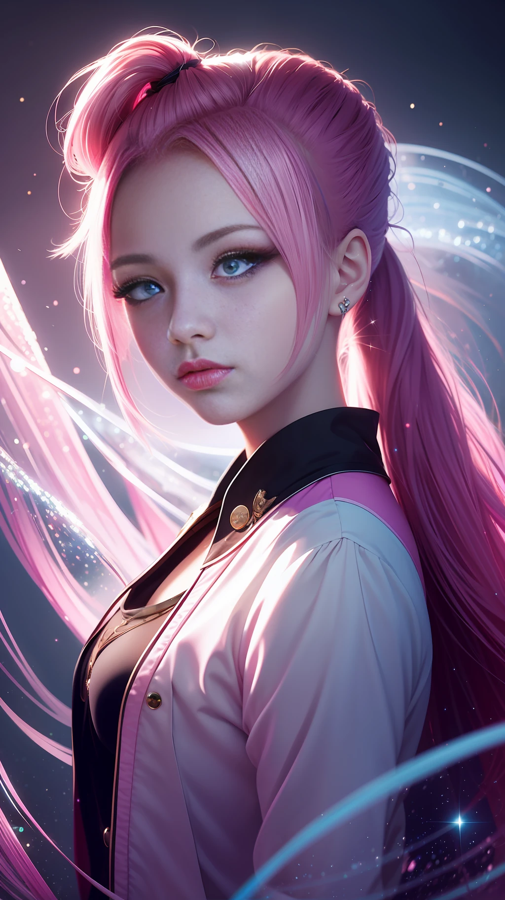 A stunning digital painting of a young girl with pink wave hair and a ponytail, featuring sparkling pink eyes, set against a surreal dreamlike background with soft pastel colors and a fantastical atmosphere, Half-length photo，blue eyes --ar 9:16 --majic --auto