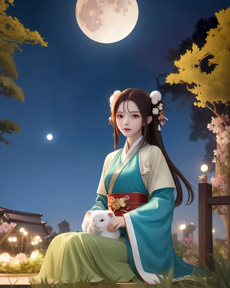 natta，The moon is round and bright in the night sky，There was a woman in Hanfu holding a rabbit，Sit under the tree