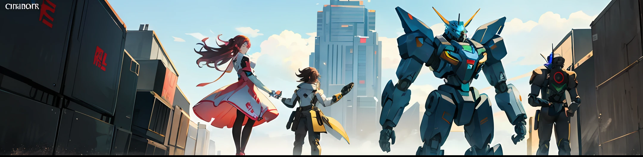 A woman in a pink dress stands on the shoulders of a giant robot，Trends on CGiStationecha network armor girl，cyberpunk anime girls mecha，anime mecha aesthetic，d。VA from Overwatch，Chrono Fortress style，Anime manga robot！animemanga girl, Makoto Shinkai and Artgerm, trending at cgstation, Mobile Suit, Female action anime girl