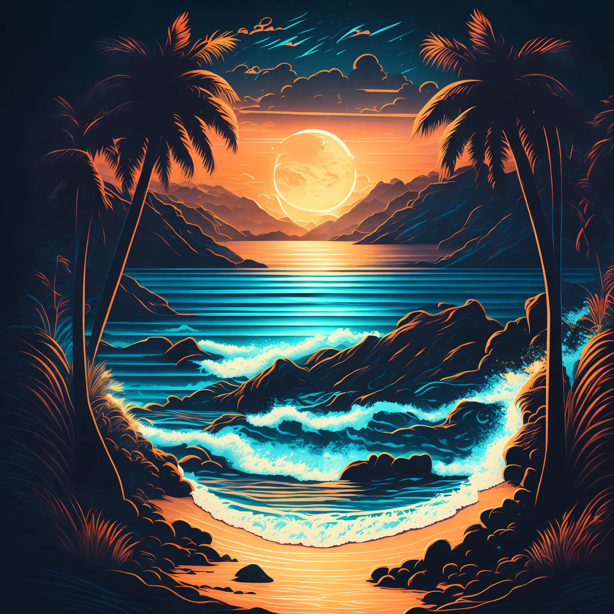 A beach at night, T-shirt design, Midjourney, Vector Art, Hydro74