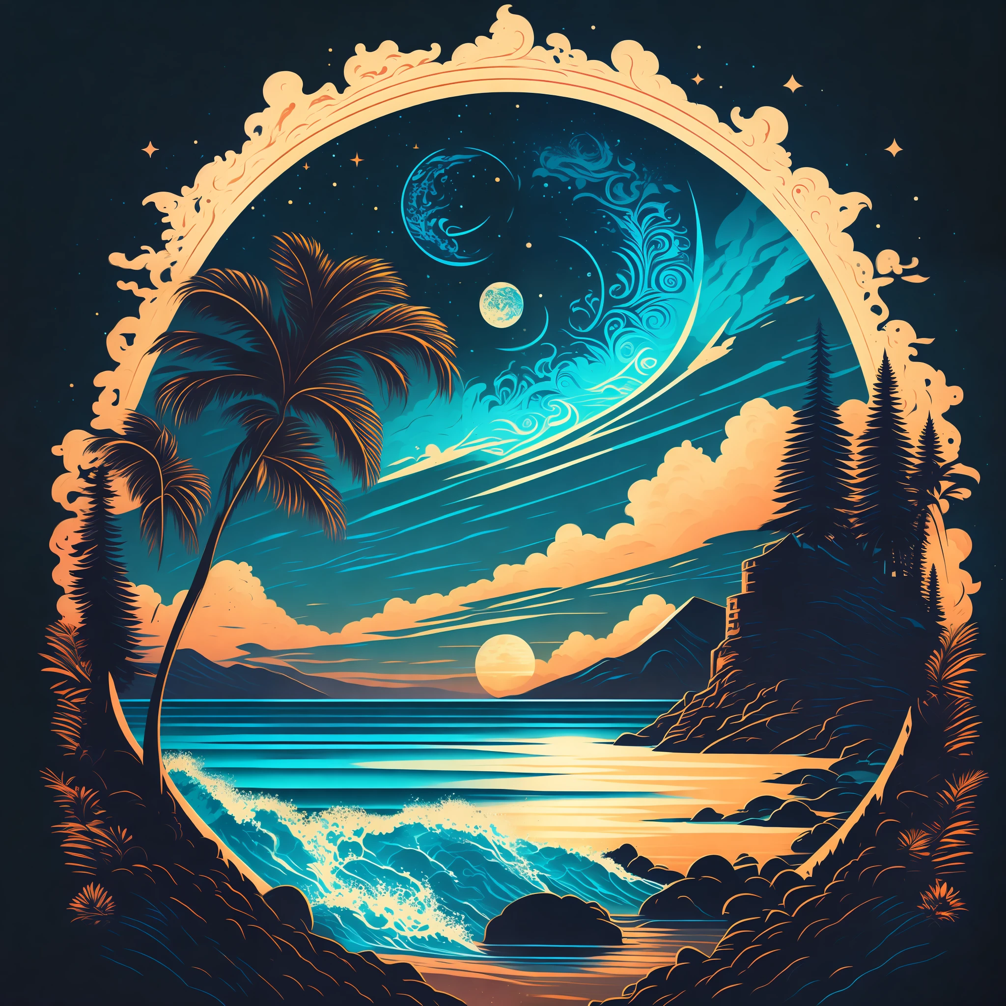 Uma praia à noite, Design de camiseta, meio da jornada, arte vetorial, Hidro74