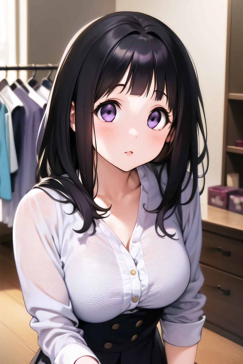 (A superb exquisite Chitanda Eru), purple eyes, black hair, natural straight hair, straight bangs, solo, ((in a cloth shop)), shopping, extremely delicate, straight facial features, peerless beautiful girl, soft, (sensual face), dreamy quality, exaggerated facial features, solid color, frank holly, delicate face, bright lips, slender waist, soft curves, real light and shadow, super fine, 4k, natural moving, Ultra high resolution, (masterpiece:1.2, best quality), (finely detailed beautiful eyes: 1.2), (beautiful detailed face)