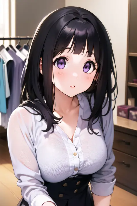 (A superb exquisite Chitanda Eru), purple eyes, black hair, natural straight hair, straight bangs, solo, ((in a cloth shop)), sh...