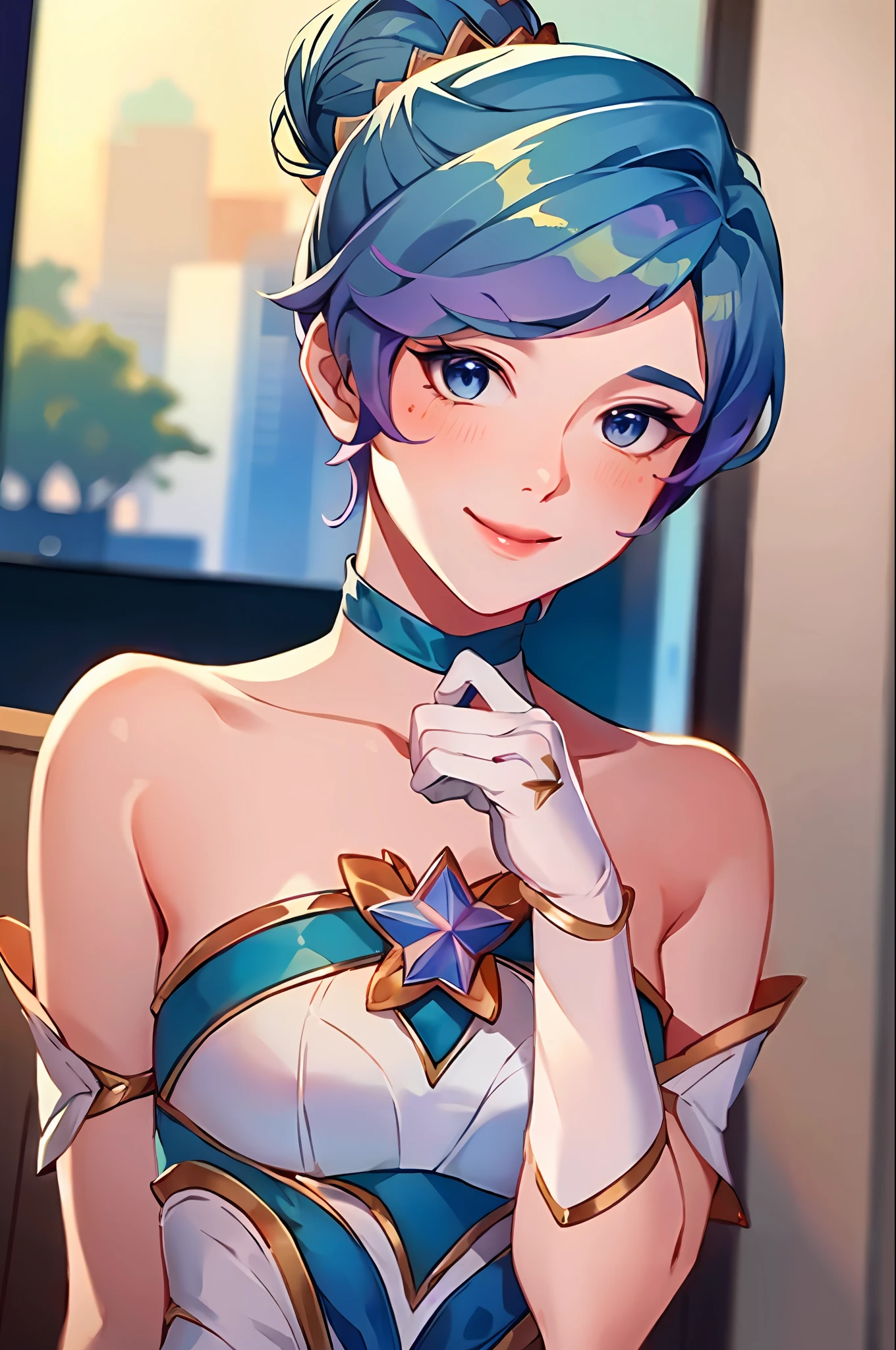 (Masterpiece:1.4), (best quality:1.2), star guardian orianna, blue hair, hair bun, ballerina, short dress, white gloves, smile, upper body, potrait