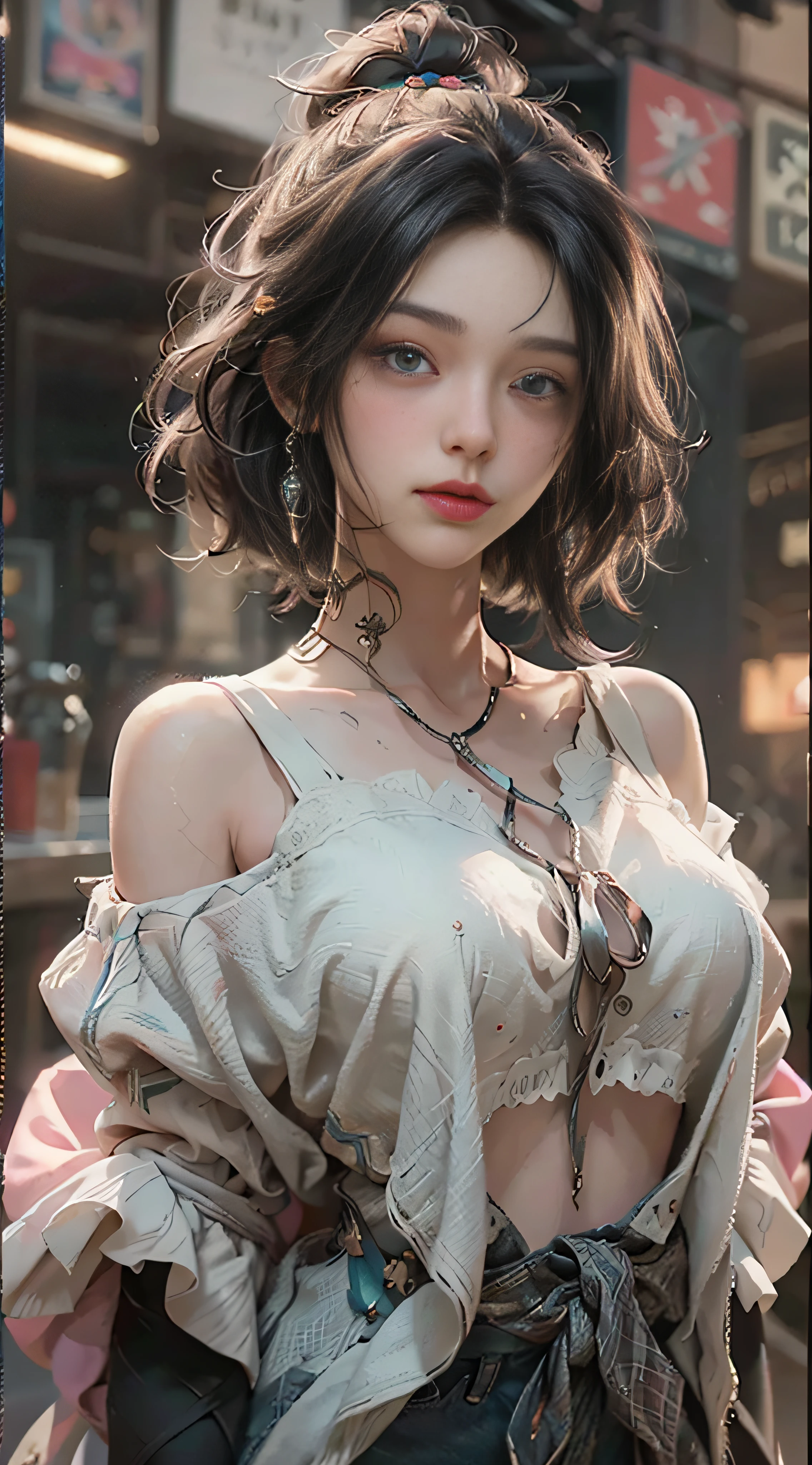 ((Best Quality)), ((Masterpiece)), (Detail: 1.4), 3D, Beautiful Cyberpunk Female Image, HDR (High Dynamic Range), Ray Tracing, NVIDIA RTX, Super Resolution, Unreal 5, Subsurface Scattering, PBR Texture, Post-Processing, Anisotropic Filtering, Depth of Field, Maximum Sharpness and Sharpness, Multi-layer Texture, Albedo and Highlight Mapping, Surface Coloring, Mitsu-Accurate Simulation of Material Interactions, Perfect Proportions, Octane Rendering, Two-color Light, Large Aperture, Low ISO, white balance, regular three-point, 8K RAW, beautiful bright pupils, off-the-shoulder clothes, fine pupils, delicate face and eyes, long eyelashes, blush, delicate and fluffy hair, pink lips, pure, cute, sweet girl, artistic sense, casual wear, high-end sense