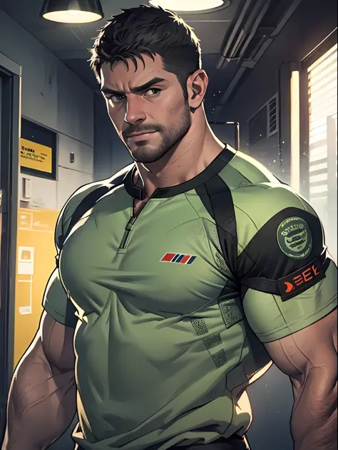1 man, solo, 35 year old, Chris Redfield, wearing grey T shirt, smirks, green color on the shoulder and a bsaa logo on the shoul...
