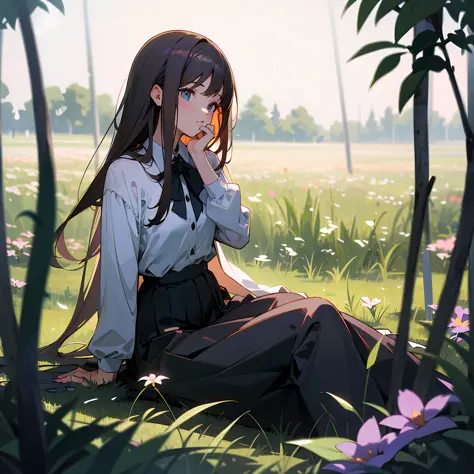 （tmasterpiece，best qualtiy），1 long brunette girl sitting in a field of greenery and flowers，her hand under her chin，warmly lit，JK skirt，Blurred foreground --auto