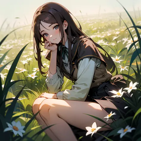 （tmasterpiece，best qualtiy），1 long brunette girl sitting in a field of greenery and flowers，her hand under her chin，warmly lit，JK skirt，Blurred foreground --auto