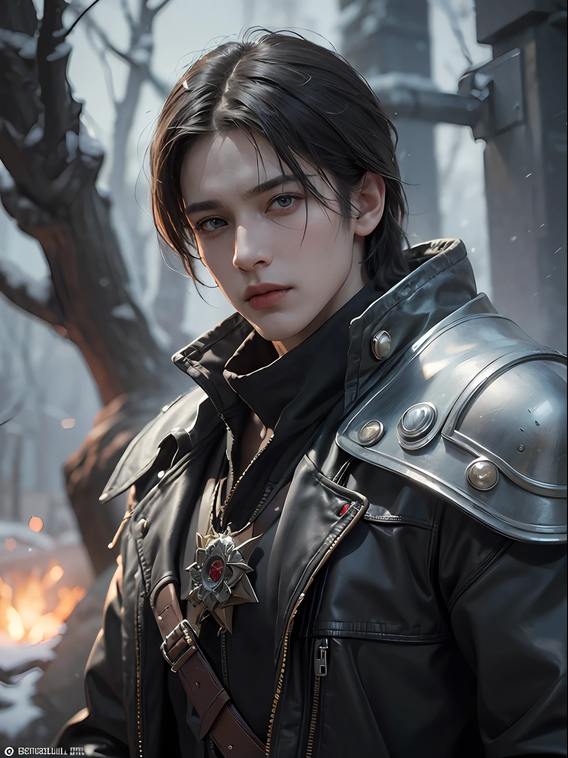 (closer view), 1man, solo focus, adult, pale and young adult face, short black hair, black trench coat, God of frost, realistic, looking at the camera, stern, emotionless king, frost mountain, summon frost and snow, LEON S. KENNEDY, handsome, attractive, slightly muscular, cinematic lighting, unreal engine, trending on ArtStation, intricate details,  masterpiece, best quality, by Irakli Nadar, Greg Rutkowski，(((best quality))),(((ultra detailed))),(((masterpiece)))