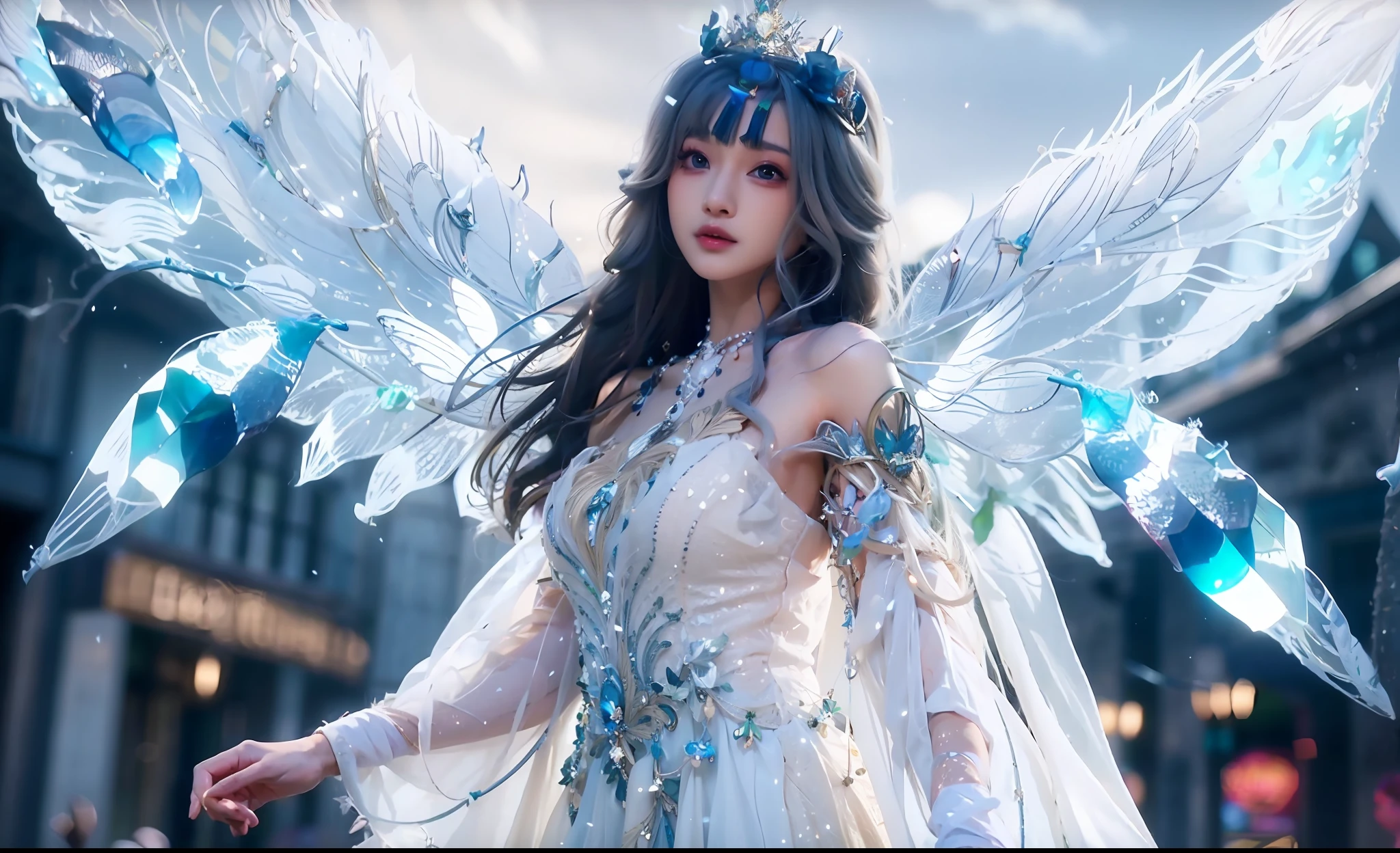 anime girl dans une robe blanche avec des ailes et des cristaux bleus, ailes éthérées, ange majestueux complet du corps, bel anime fantastique, fantaisie éthérée, bel ange, une belle impératrice fantastique, of bel ange, style artistique fantastique, fée astrale, grandes ailes blanches et brillantes, of an bel ange girl, Déesse Anime, jeune ange blême, ange chevalier fille, ((une belle impératrice fantastique))