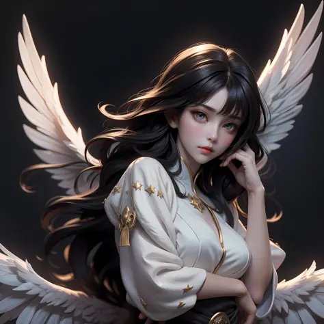 of an beautiful angel girl，（best qualtiy，8k，tmasterpiece:1.3），goose egg face，largeeyes，long eyelasher，with bangs，cool handsome，d...