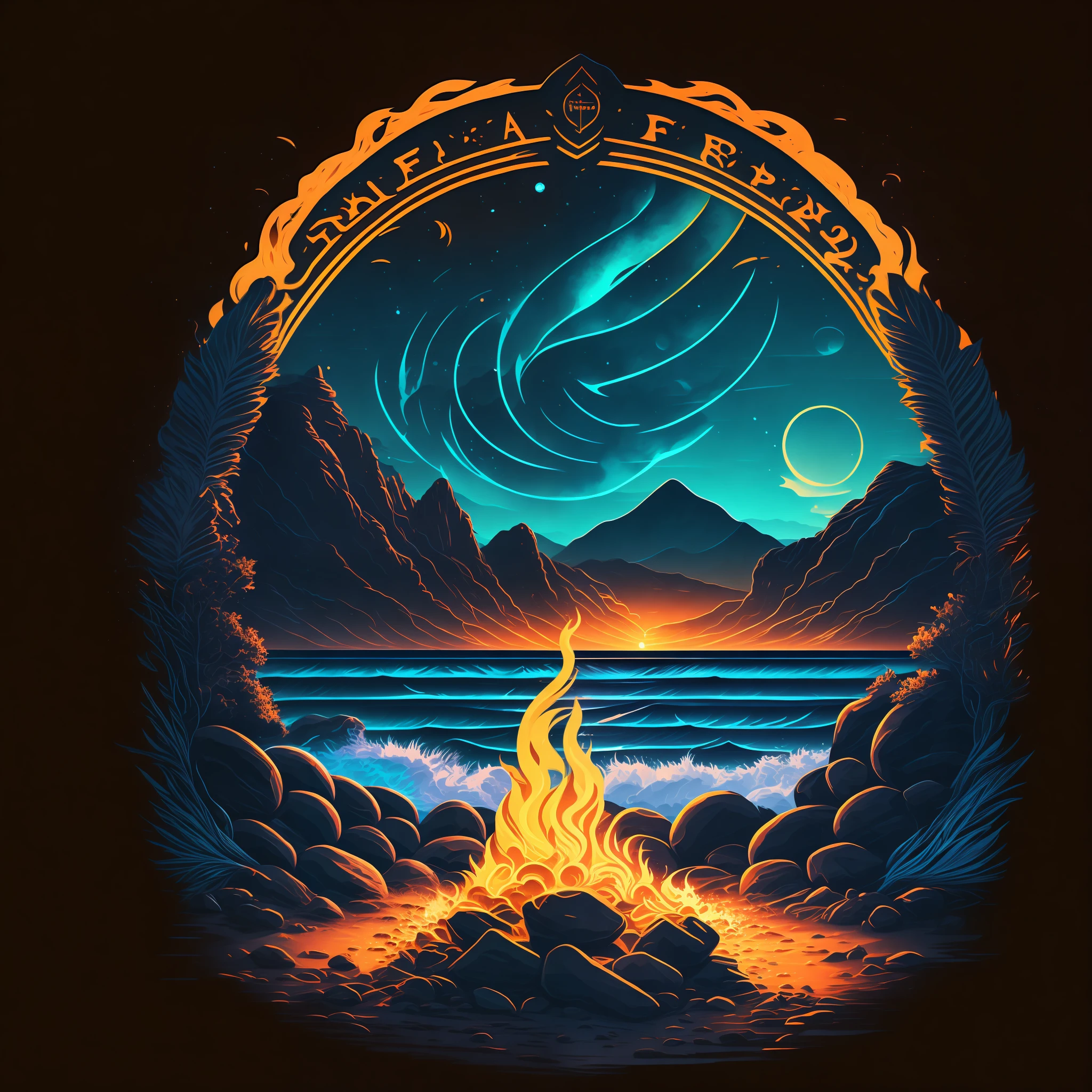 Eine Feuerstelle an einem Strand bei Nacht, T-Shirt Design, mitten auf der Reise, Vektorgrafiken, Hydro74