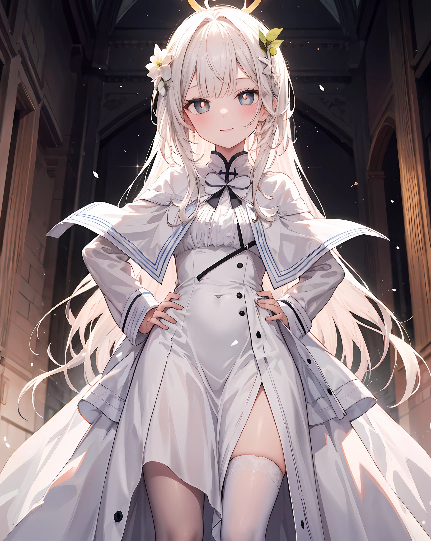 1girll，独奏，Light smile，hand on hips，white backgrounid，wedding gown，Manteau blanc，white stockings，Holy，White pupils