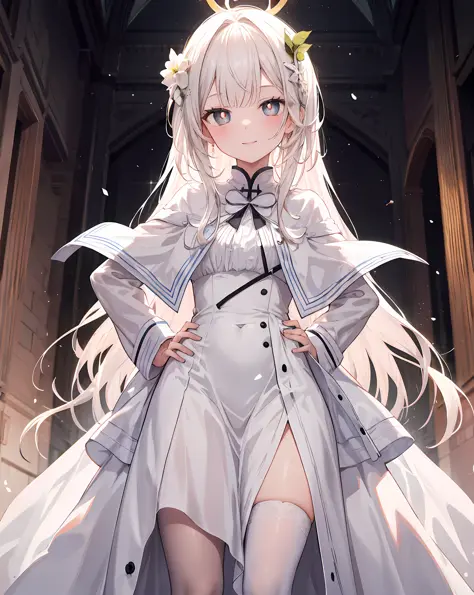 1girll，独奏，light smile，hand on hips，white backgrounid，wedding gown，manteau blanc，white stockings，holy，white pupils