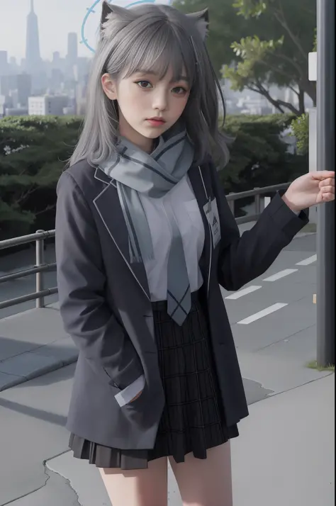 aquarelle，schoolgirls，jpn，komono，The background is Tokyo Tower，Slim，Gray hair，JK school uniform