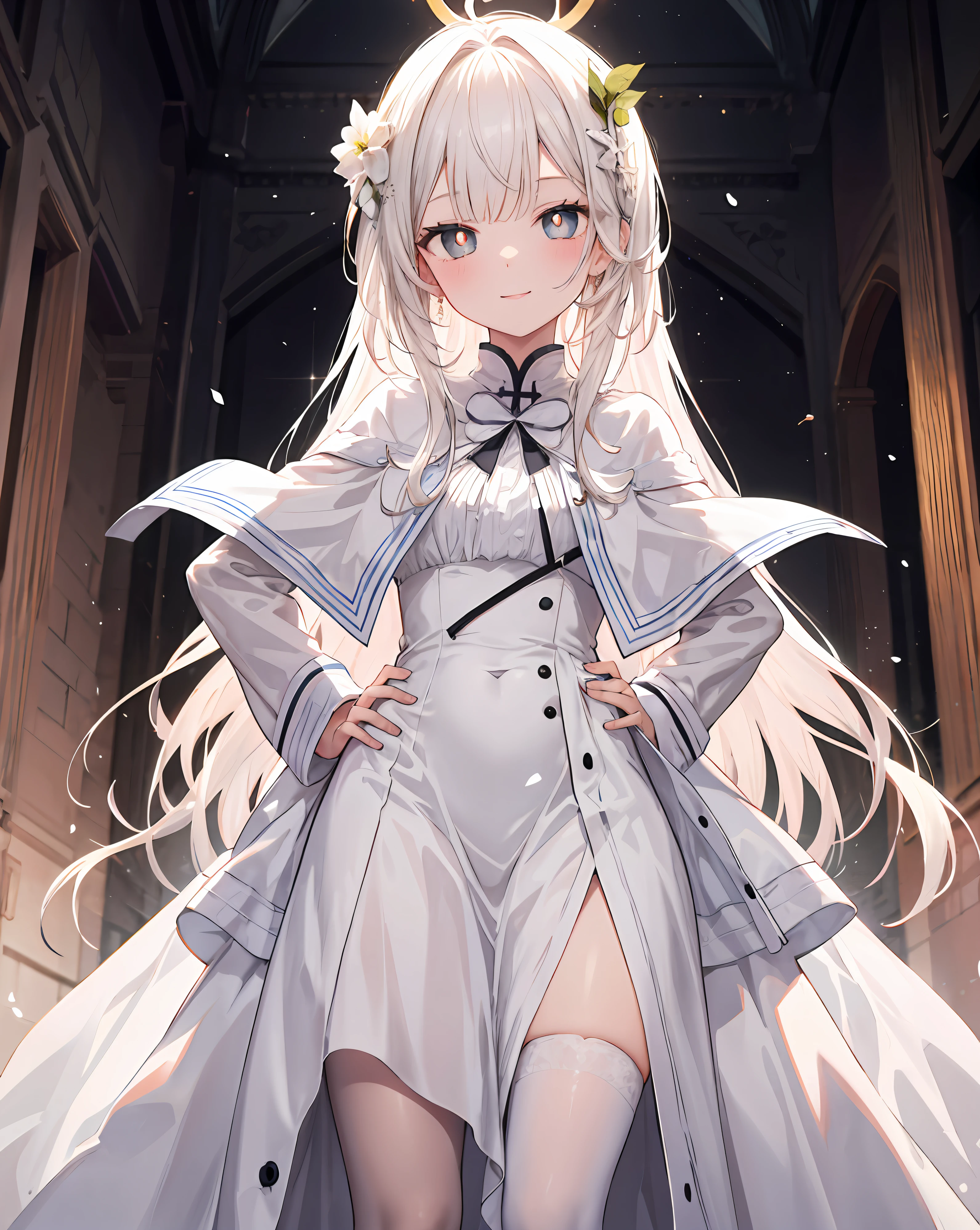 1girll，独奏，Light smile，hand on hips，white backgrounid，wedding gown，Manteau blanc，white stockings，Holy，White pupils