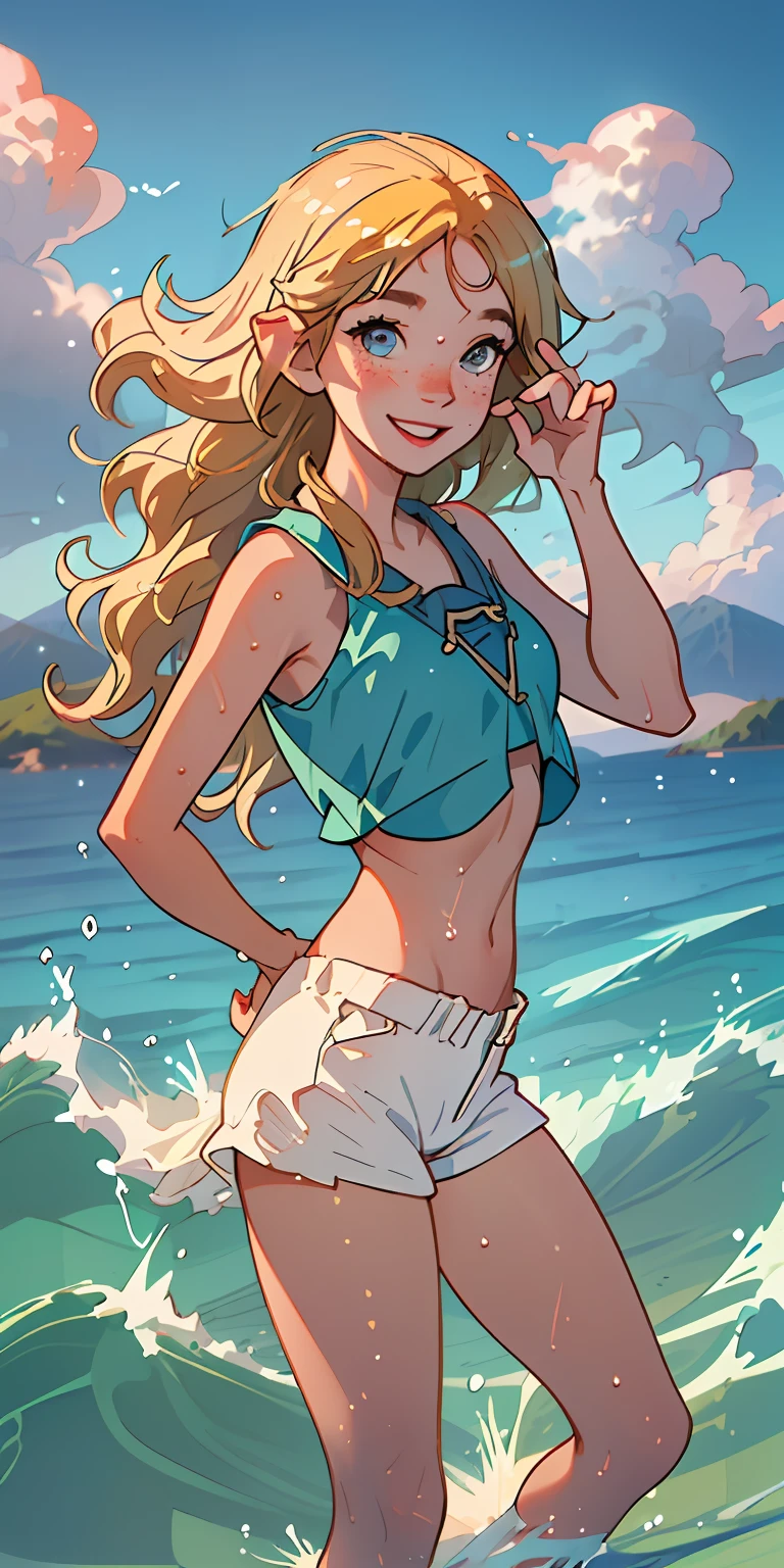 (best quality, masterpiece), 2 girl fighting, paw pose, smile, laughing, ocean, crop top, shorts, blonde, freckles, blush, looking at viewer, wavy hair, cloud, splashing, waves, sun, mountain, wet