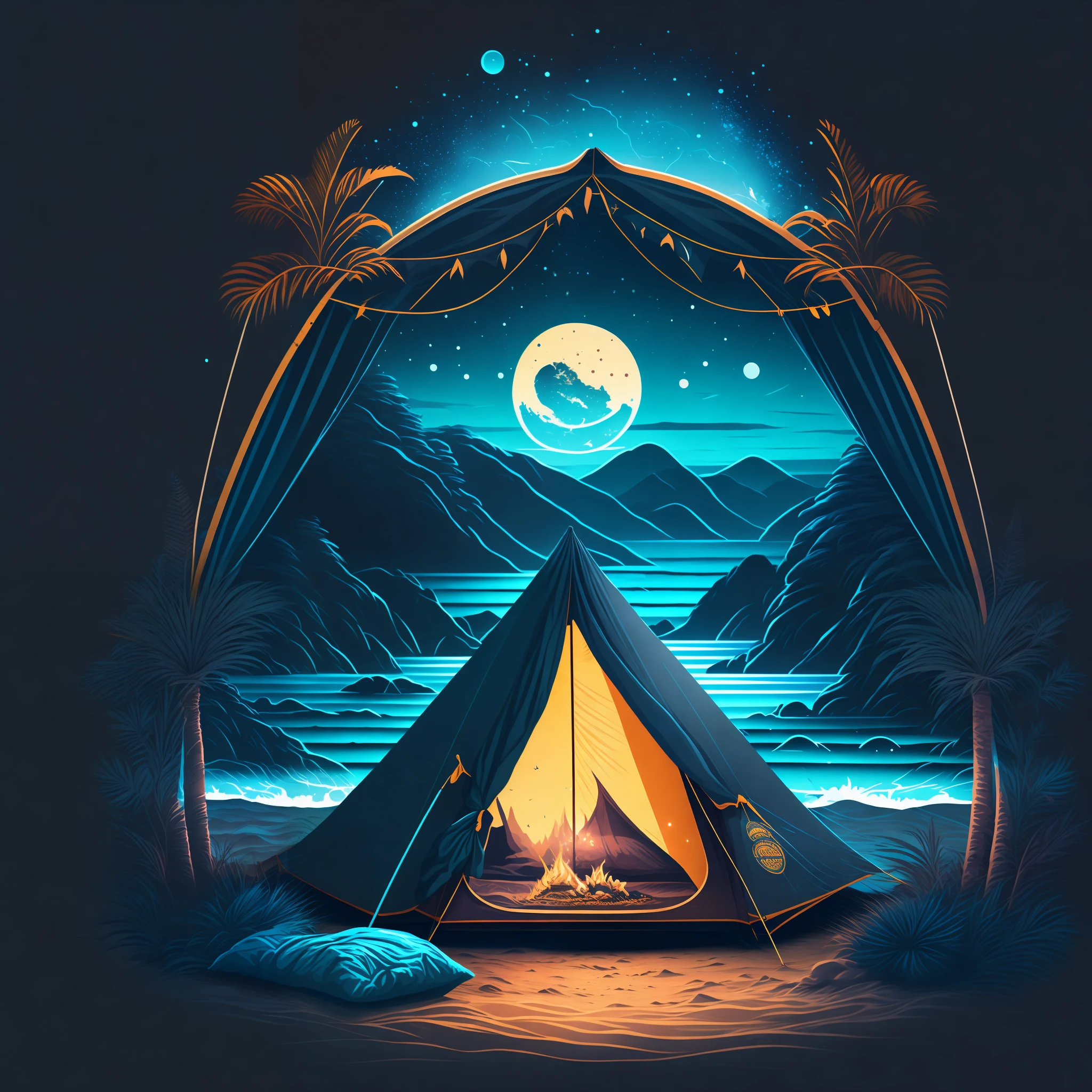 Uma barraca de acampamento na praia à noite, Design de camiseta, meio da jornada, arte vetorial, Hidro74