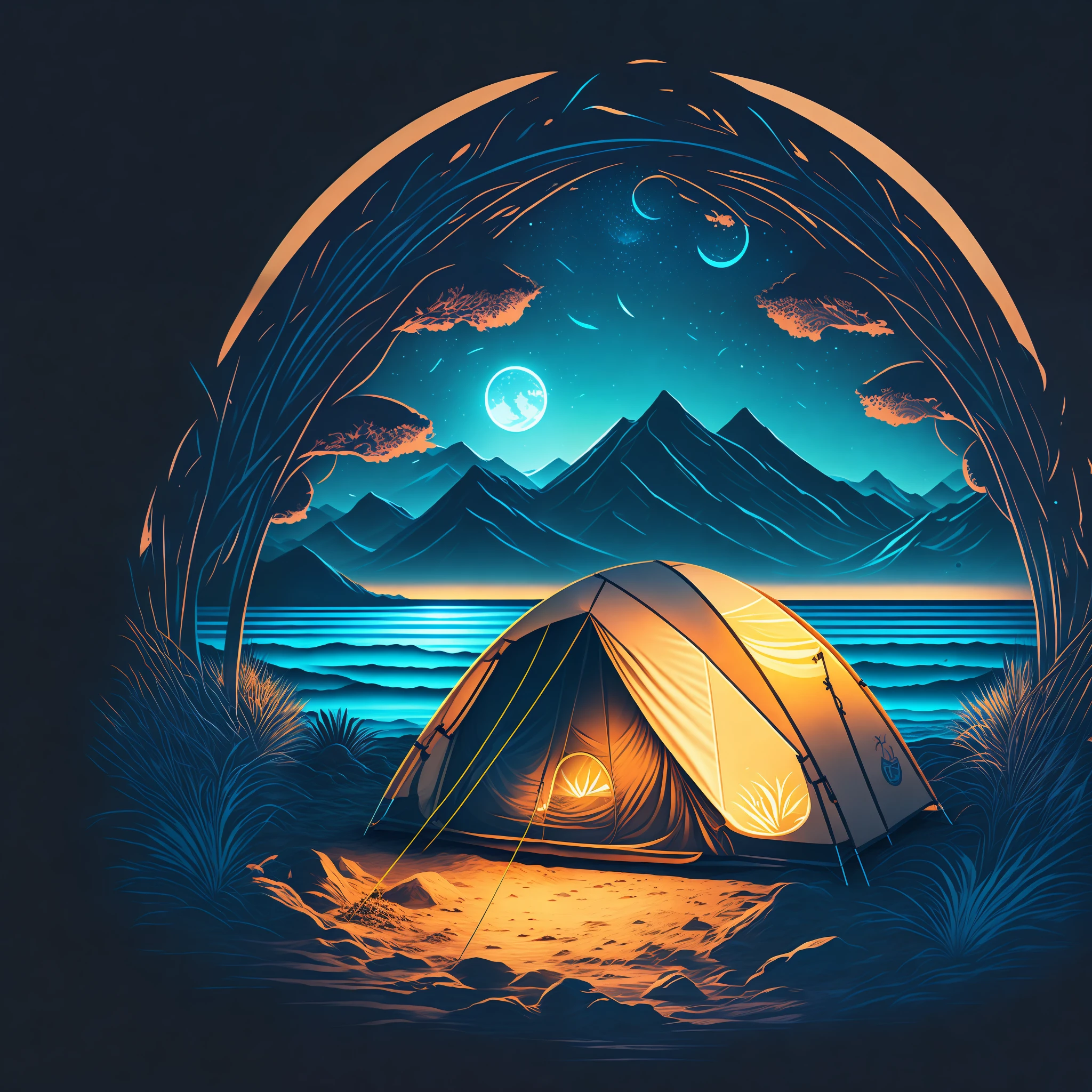 Uma barraca de acampamento na praia à noite, Design de camiseta, meio da jornada, arte vetorial, Hidro74