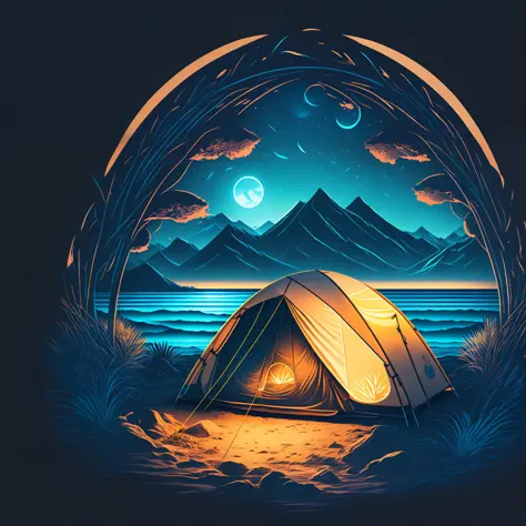 A camping tent in a beach at night, T-shirt design, Midjourney, Vector Art, Hydro74