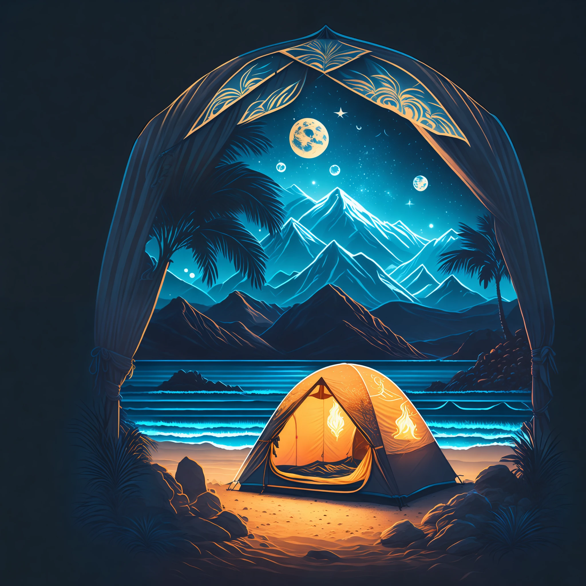 Uma barraca de acampamento na praia à noite, Design de camiseta, meio da jornada, arte vetorial, Hidro74