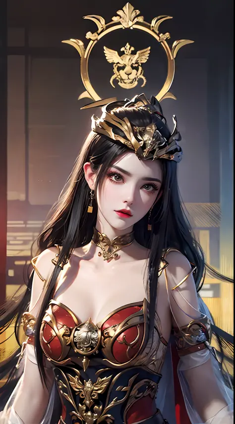 1 very beautiful medusha queen in hanfu, thin red silk shirt with many yellow motifs, black lace top, crown on her head, long hair dyed black, beautiful hair jewelry, pretty and cute face, perfect face, earring jewelry, antique jewelry, big red eyes, sharp...