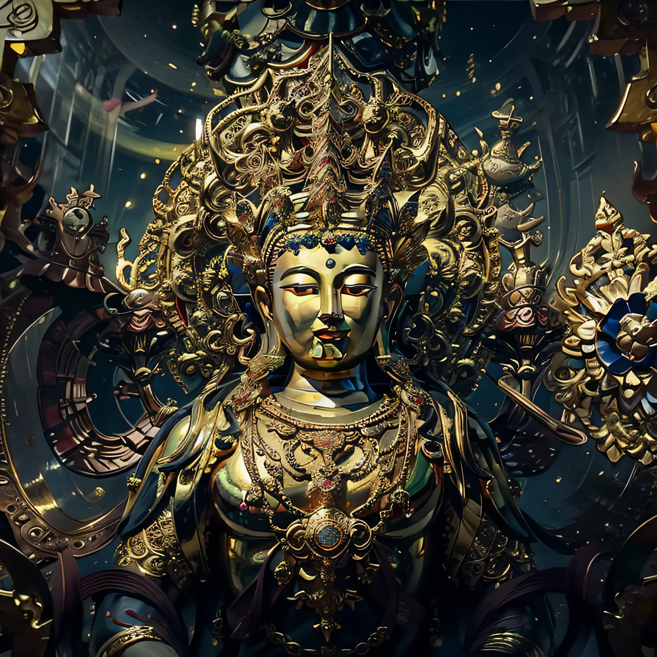 (best quality, masterpiece, ultra-realistic, spiritual art),a mix of Buddhism and Christianity, Lord Buddha (hanging:0.5+crucified:0.5) on the cross, highly detailed face and body, golden halo around the head, dark background, divine light shining from above. Ray light with stuning cloud on above, back light , aura ray , Halo light.