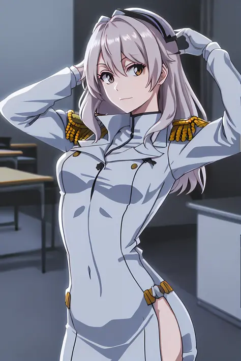 white skinned，White navy uniform，The chest is small，The upper part of the body，In an empty classroom，Superb beauty