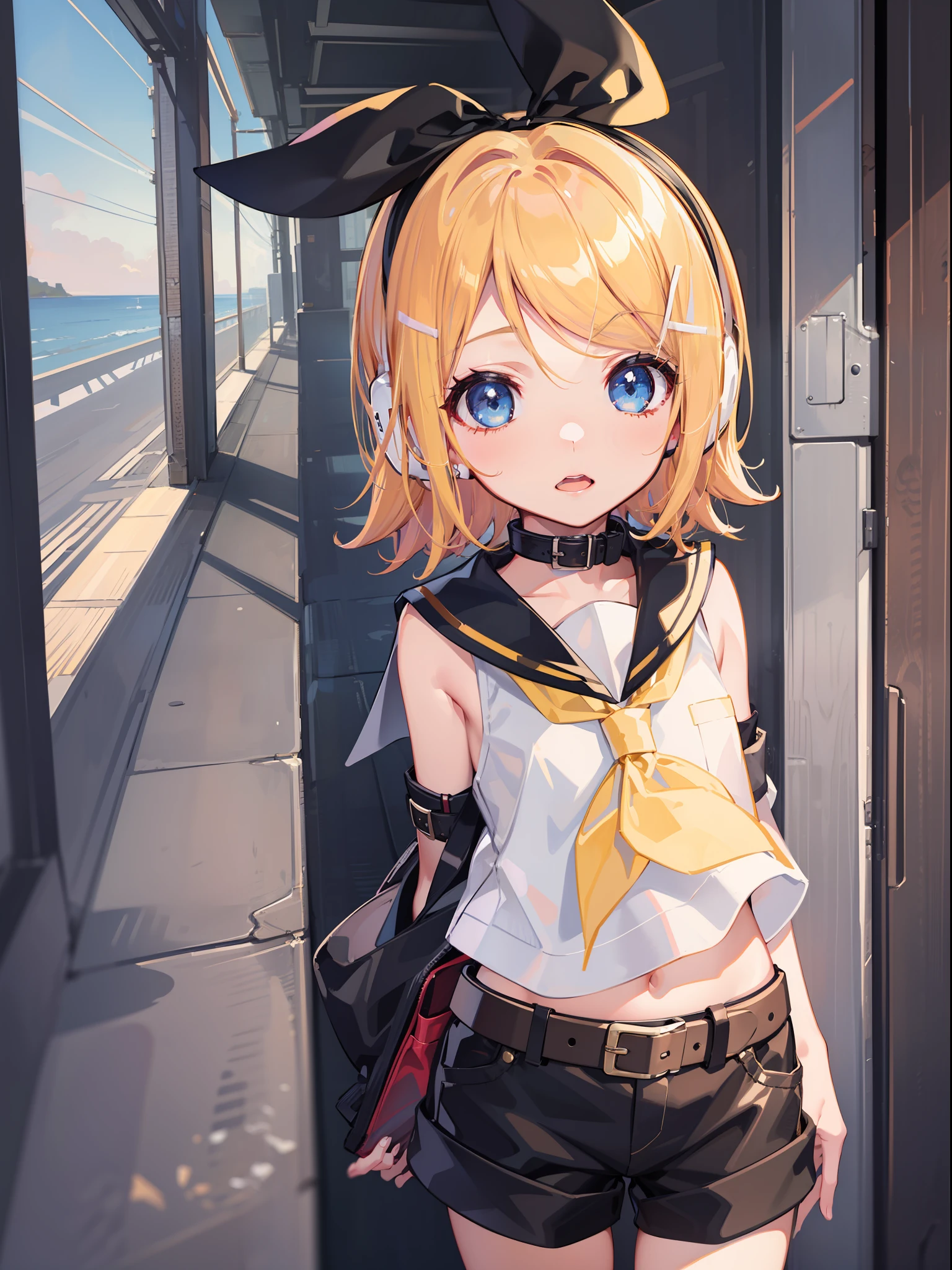 best quality, ultra precision, one girl, (Kagamine_Rin), blue eyes, sailor collar, black short pants, sleeveless, headphone, belt, white shirt, young, child, cool, boyish, yellow neckerchief,