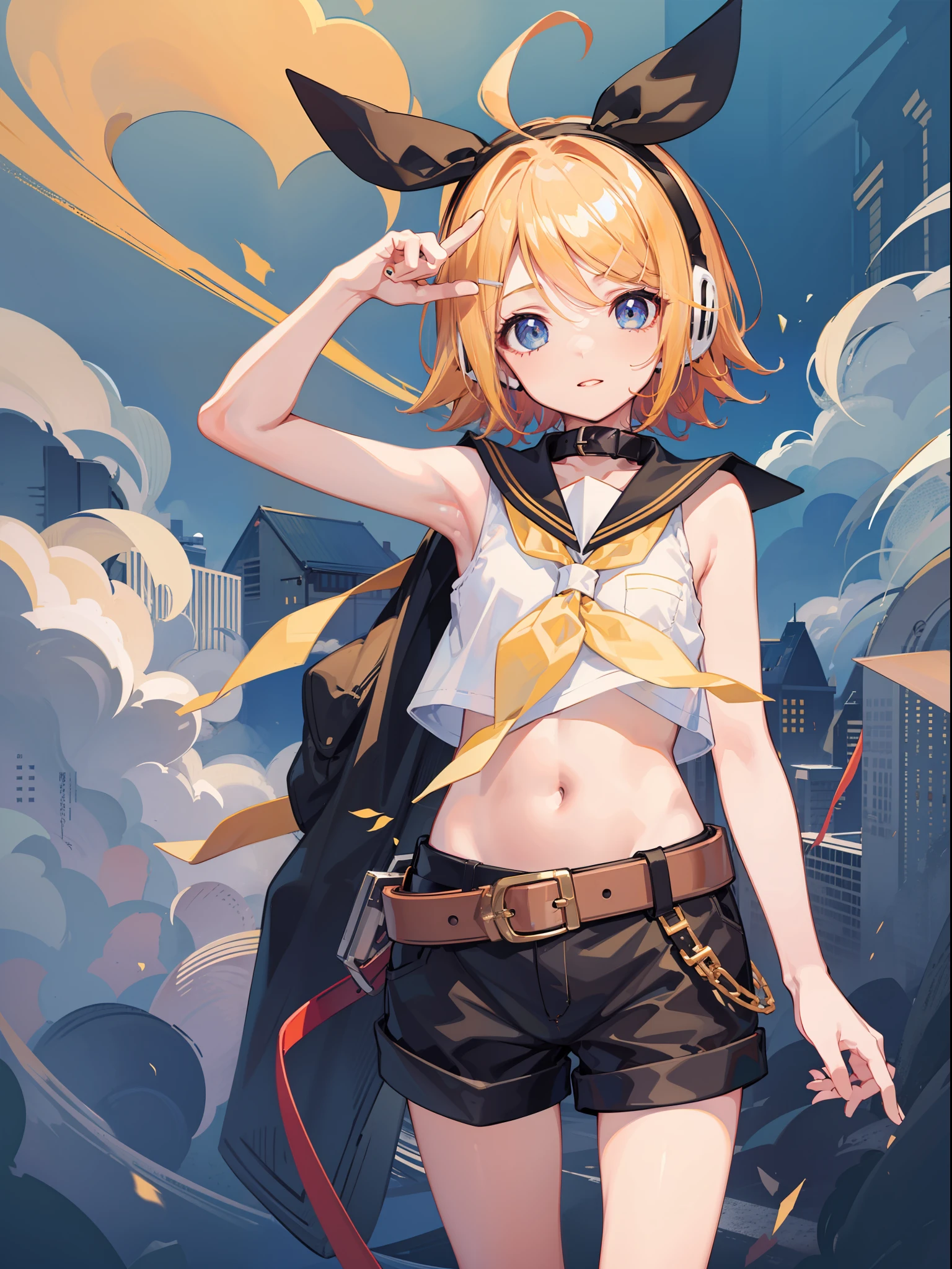 best quality, ultra precision, one girl, (Kagamine_Rin), blue eyes, sailor collar, black short pants, sleeveless, headphone, belt, white shirt, young, , cool, boyish, yellow neckerchief,