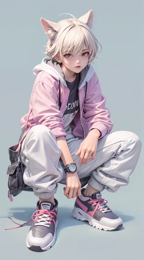 tmasterpiece，Best quality at best，offcial art，8k wallpaper，The is very detailed，illustratio，1BOY，fashionable attire，Wrist watch，athletic sneakers，squatt，Hands naturally droop，jaqueta com capuz，Street side，teens girl，dream magical，pink and purple