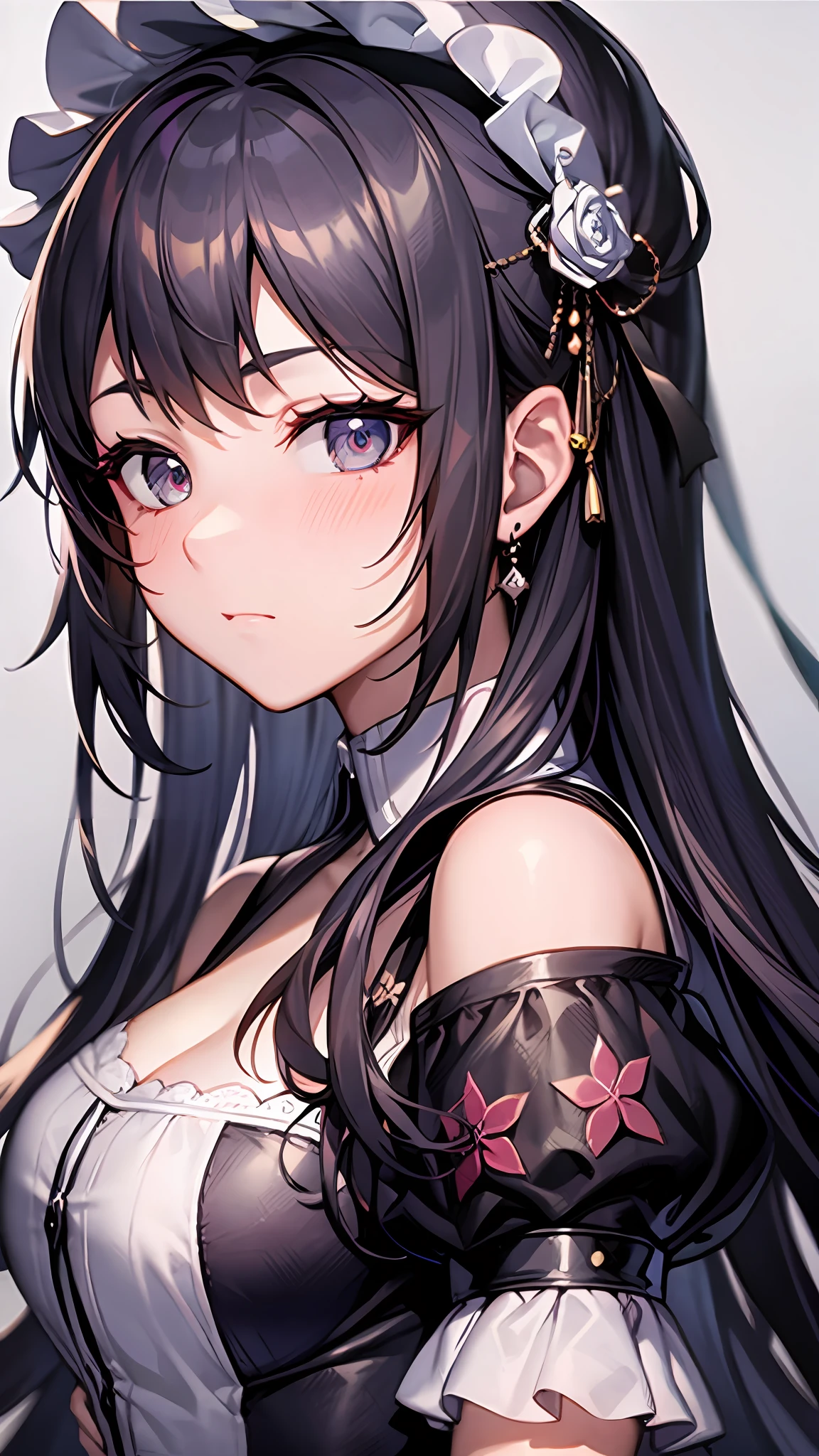 Close up portrait of woman in dress in white and black dress、Gothic Otome anime girl、anime girl wearing a black dress、Cute anime waifu in a nice dress、Anime girl in maid costume、Elegant Gothic princess、guweiz、Gwaits at Pixiv Art Station、Gwaitz at Art Station pixiv、beautiful anime girl、Blushing face、embarassed expression